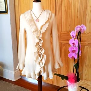 Bloomingdales Ivory 2 Ply Ruffled Cashmere Cardigan- Size L